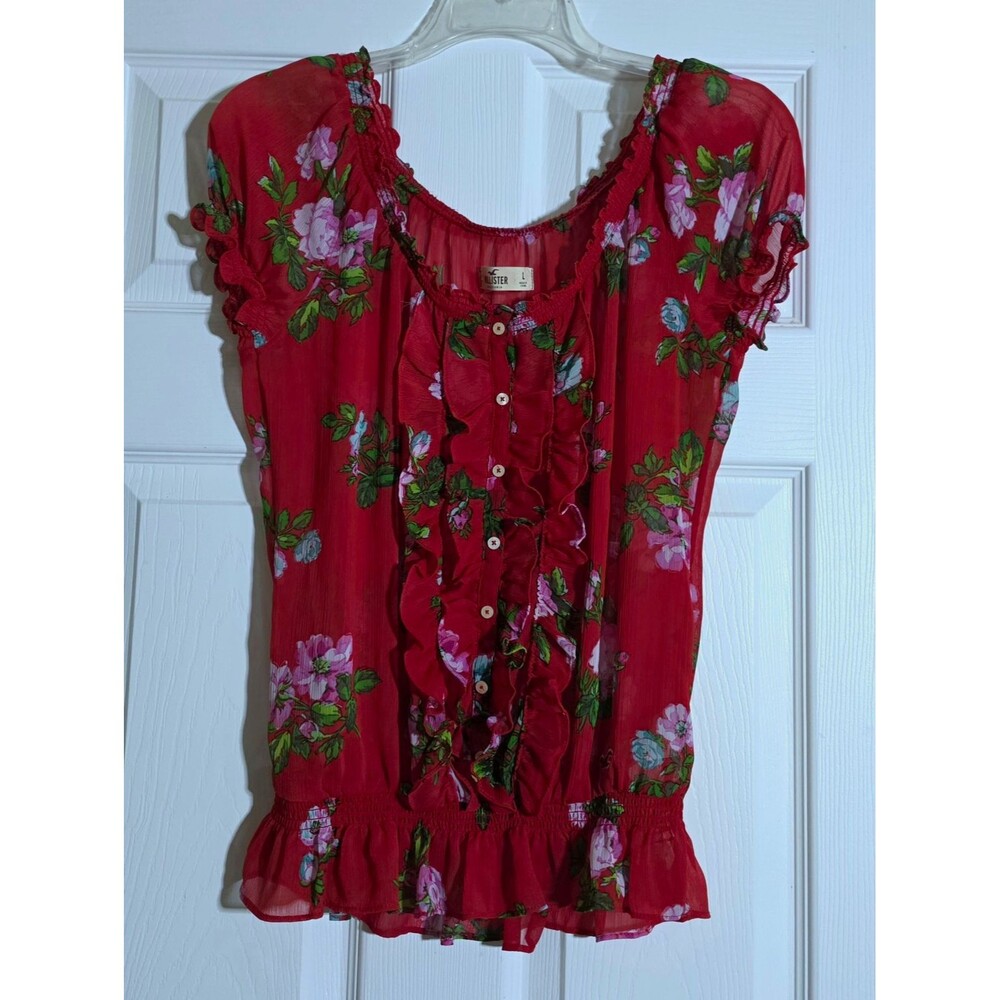 Vintage Hollister Womens Red Floral Sheer Chiffon Ruffle Button Blouse  L